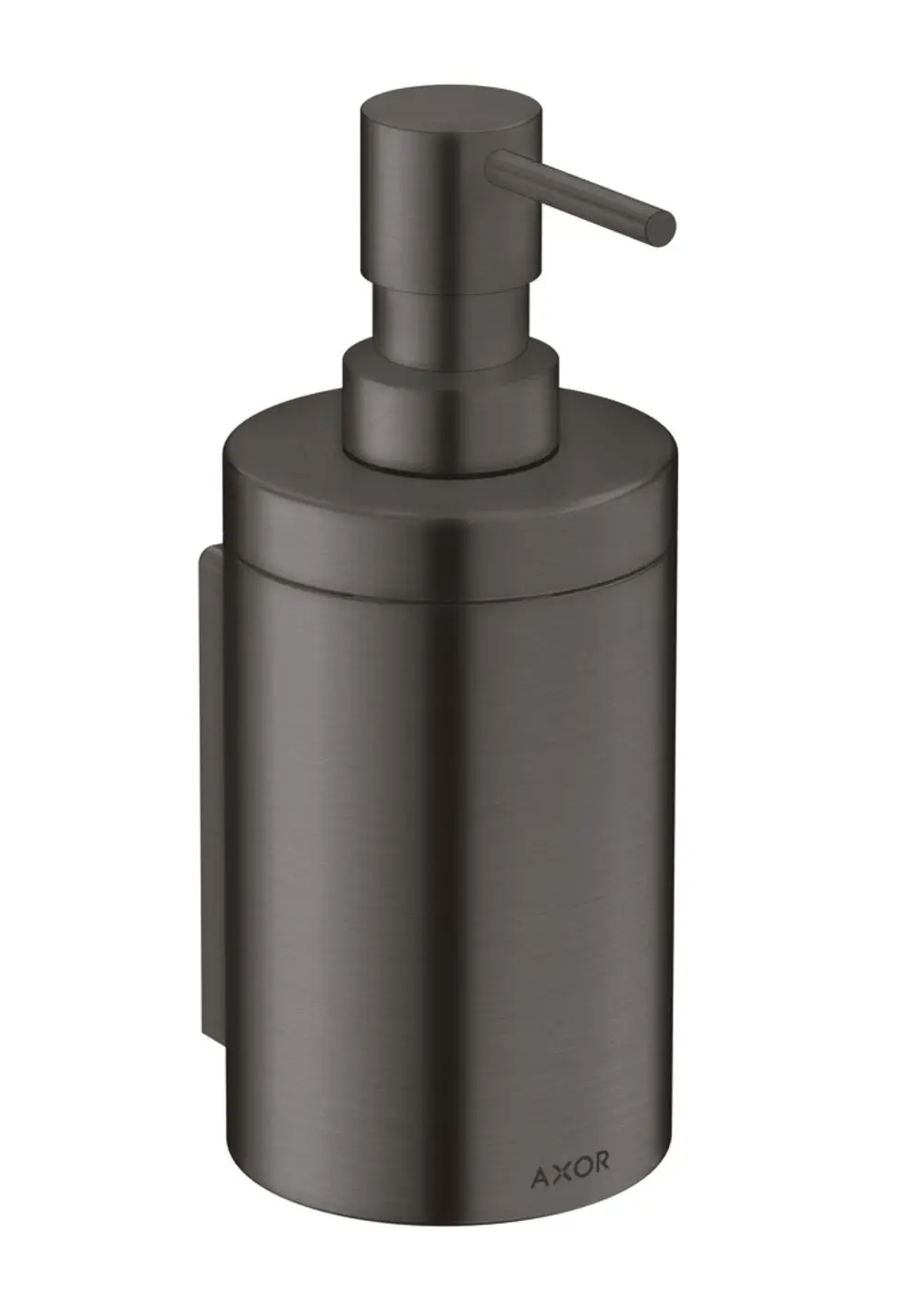 Schwarzer Lotionenspender aus Metall mit Druckmechanismus, an der Wand montiert. Das Produkt ist von der Marke AXOR.